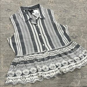 Buffalo David Bitton Gray and White Striped Tank Top with Lace Hem